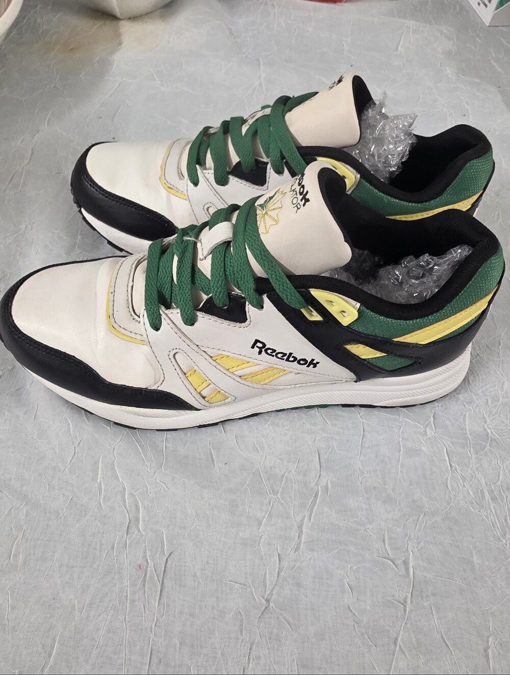 Reebok White Sneakers with Green Laces & Yellow Accents Size 6